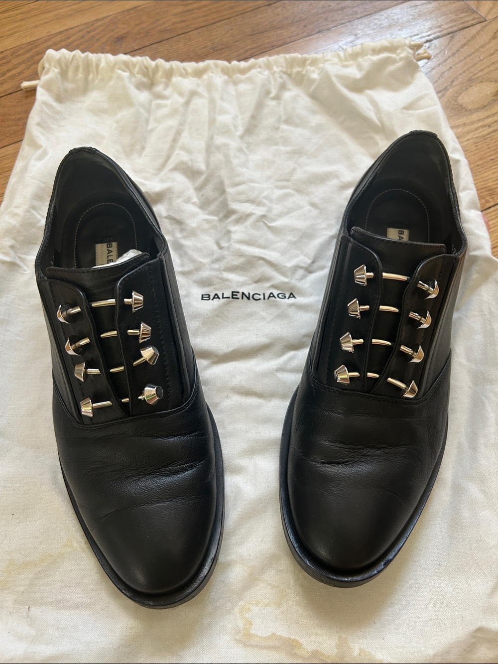 Balenciaga Black Leather Derby Shoes with Silver-Tone Stud Accents